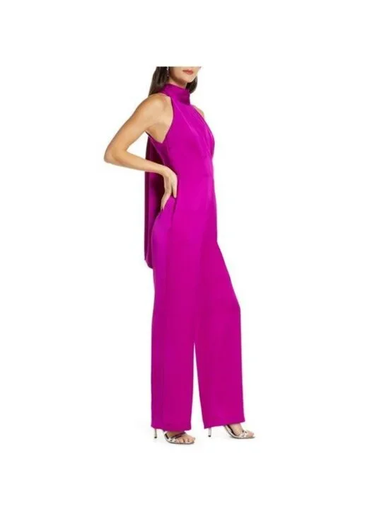 HARLYN Tie Back High Neck Satin Jumpsuit Size S Magenta Event Cocktail Wedding - Picture 3 of 11